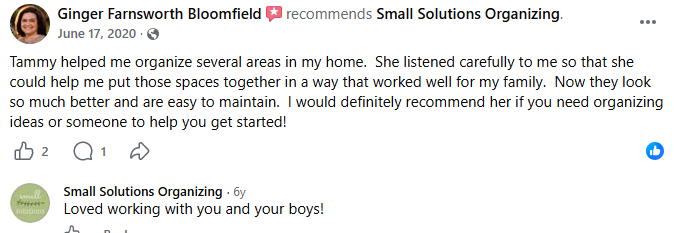 Original Facebook recommendation from Ginger Farnsworth Bloomfield