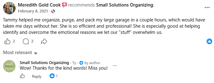 Original Facebook recommendation from Meredith Gold Cook