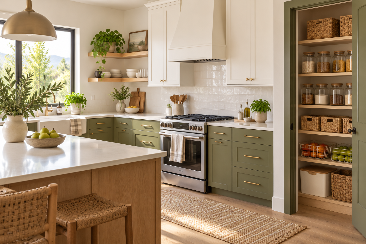 A thoughtfully organized family kitchen with olive cabinetry, open shelving, and a practical pantry